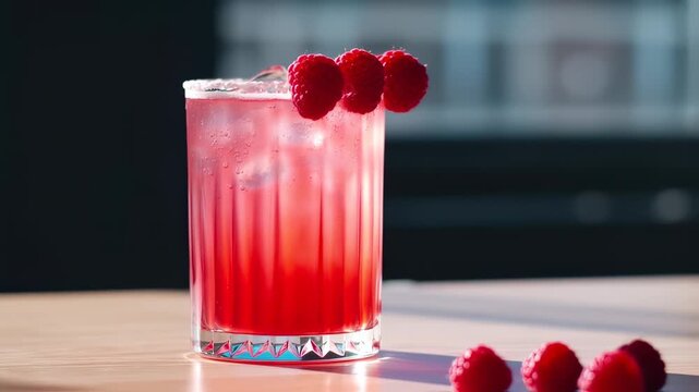 A glass of vibrant red raspberry drink garnished with fresh raspberries,  sitting on a light-colored wooden surface against a dark background