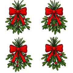 Four detailed illustrations of mistletoe sprigs, each adorned with a vibrant red bow.