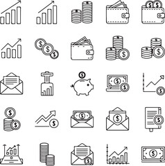Financial Icons Set With Coins Wallets And Graphs Keywords: finance, money, coins, wallet, piggy