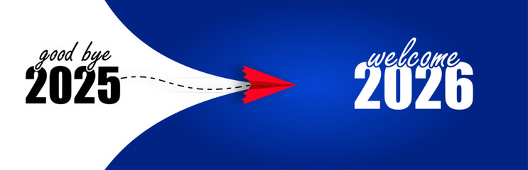 Goodbye 2025, Welcome 2026 &ndash; Paper Airplane Flying from White to Blue Background with Red Tip &ndash; New Year Transition Concept for Motivation, Banners, Social Media & Presentations
