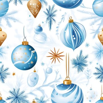 Festive christmas ornaments and snowflakes with pine foliage in watercolor style
