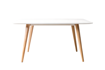Elongated white rectangular dining table with four splayed natural wood legs, clean contemporary silhouette, elegant simplicity, isolated on a transparent background