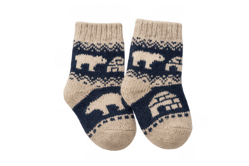 Wool baby socks featuring a nordic pattern with polar bears and igloos, providing a warm and cozy feeling on transparent background