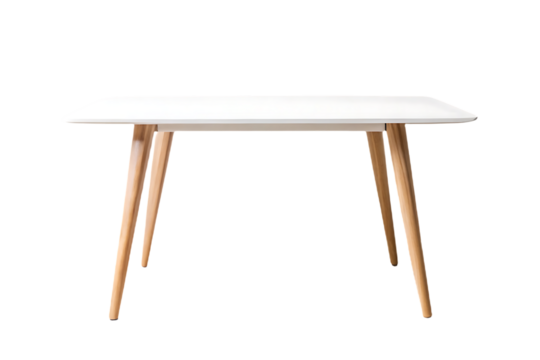 Elongated white rectangular dining table with four splayed natural wood legs, clean contemporary silhouette, elegant simplicity, isolated on a transparent background