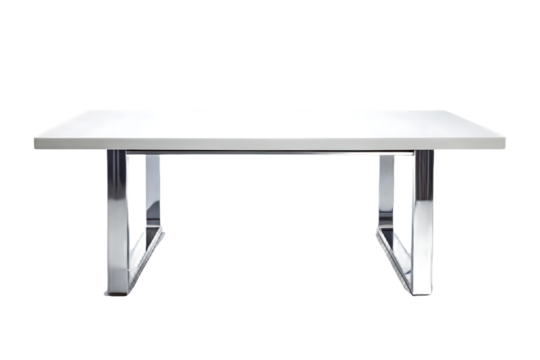 Modern conference table with white rectangular top and chrome V-shaped legs, sleek minimalist design, isolated on a transparent background