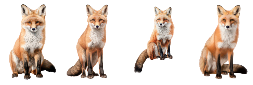 Four Foxes in different pose: A stunning display of four foxes. each in a unique posture, embodying the allure and elegance of the wild.