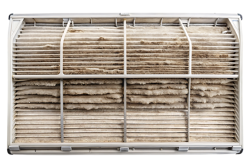 Heavily soiled air conditioner filter, accumulated dust and dirt on pleated surface, maintenance needed, isolated on a transparent background