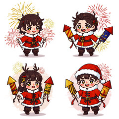 Four cute cartoon characters in Santa outfits holding sparklers and fireworks against a festive background.