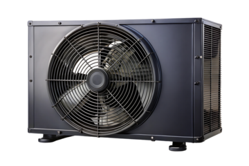 Dark gray outdoor AC compressor unit with large circular fan and ventilation grilles, standing base, isolated on a transparent background