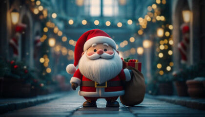 père Noël mignon 3-d dans une rue, marché ou galerie avec décor de fin d'année