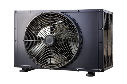 Dark gray outdoor AC compressor unit with large circular fan and ventilation grilles, standing base, isolated on a transparent background