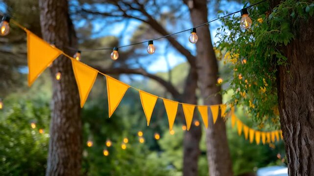 Triangular flags strung between trees at a sunny fest, festive gatherings in outdoor settings, joyful moments in flag decor, celebration vibes with glowing lights, event highlights