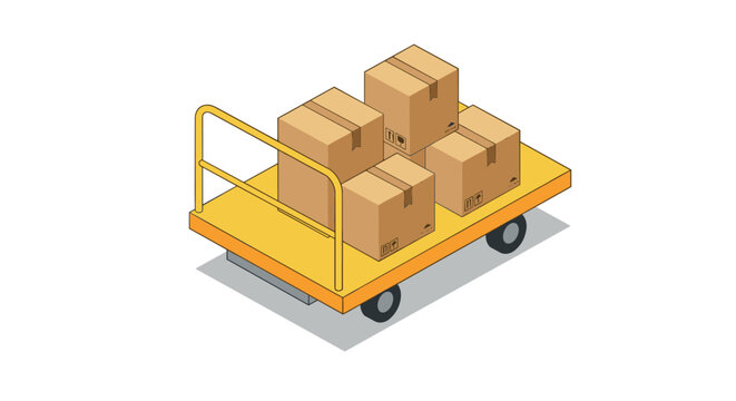 Isometric hand cart with cardboard boxes on wheels for warehouse and delivery logistics