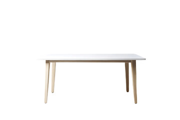 Scandinavian style white dining table with light wood splayed legs viewed frontally, isolated on a transparent background
