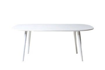 Modern white oval dining table with angled legs and minimalist design, isolated on a transparent background