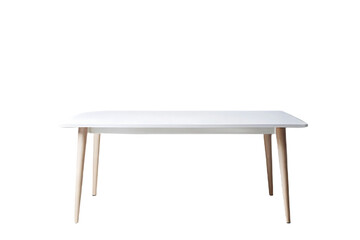 Contemporary white rectangular table with natural wood tapered legs and clean lines, isolated on a transparent background