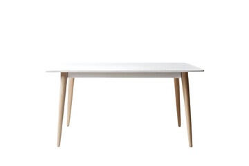 Mid-century modern white table with wooden legs and understated Scandinavian aesthetic, isolated on a transparent background