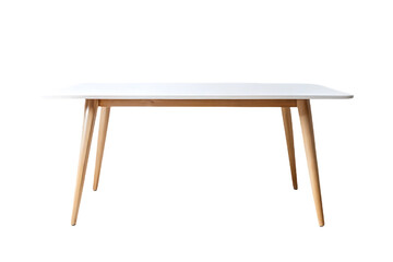 White top dining table with natural wood angled legs in Nordic style, isolated on a transparent background
