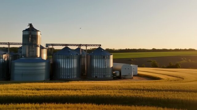 Agricultural silos stand in a golden wheat field at dawn