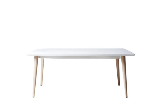Contemporary white rectangular table with natural wood tapered legs and clean lines, isolated on a transparent background
