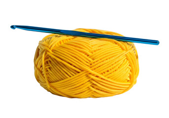 Yellow yarn ball with crochet hook isolated on transparent background