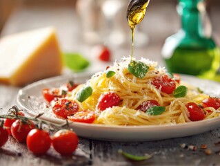 Delicious spaghetti with cherry tomatoes and basil, drizzled with olive oil
