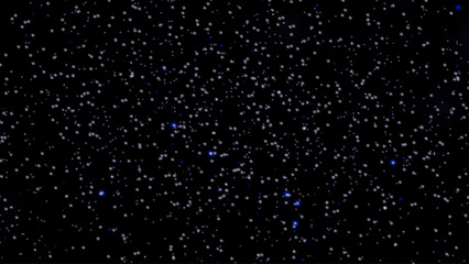 Blue light rays from above and below on a black background, surrounded by a scattering of fine cosmic dust and small stars of predominantly blue color. An atmosphere of radiance