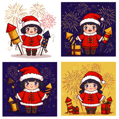 Four cartoon images show a girl in a Santa suit holding fireworks against festive firework backgrounds.