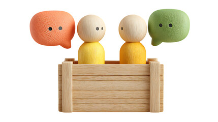 Two wooden figures in a box with speech bubbles, isolated on transparent background.