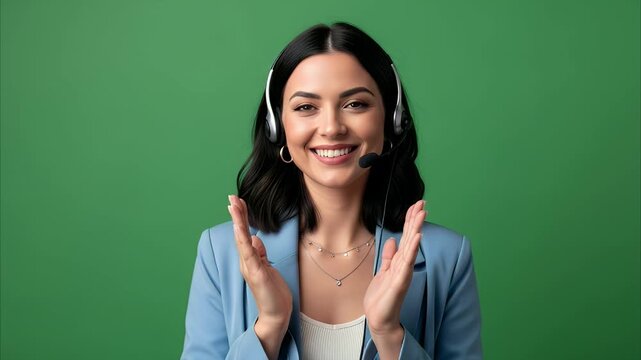 Friendly Customer Service Woman with Headset Smiling & Gesturing