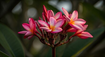 Fototapeta premium A cluster of pink and yellow flowers in focus against a blurred green background