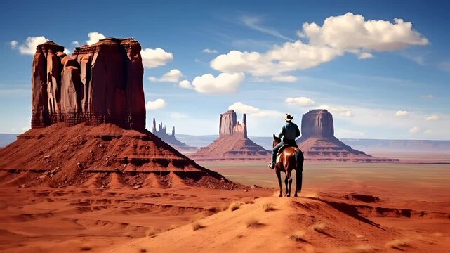 A vivid portrayal of a cowboy riding a horse in a desert landscape. The cowboy is depicted in a side profile, with a focused gaze directed forward, wearing a hat and a long coat.