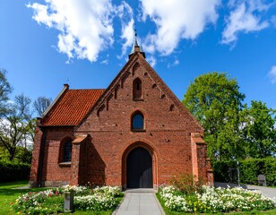 Brick church facade on a sunny day