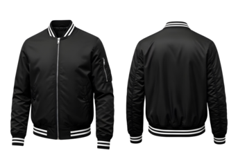 Black bomber jacket front and back view isolated on transparent background