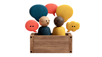 Two people in a wooden box surrounded by speech bubbles isolated on transparent background.