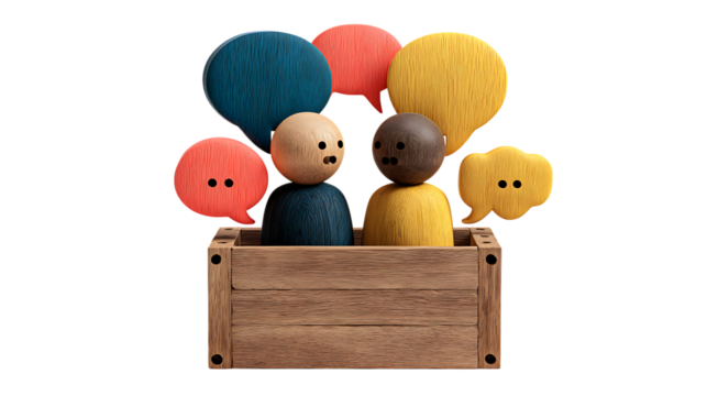 Two people in a wooden box surrounded by speech bubbles isolated on transparent background.