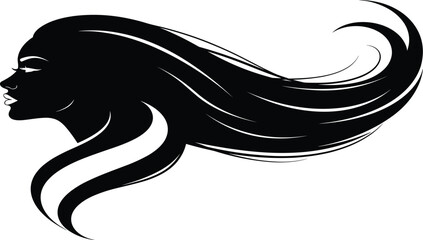 Female profile icon, silhouette woman with flowing hair, black and white illustration, beauty, elegance, motion, artistic design, hairstyle, face grid
