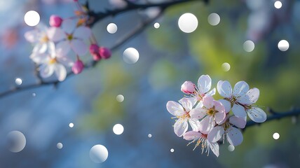 Delicate blossoms of pink and white flowers blooming on branches with soft bokeh background effect