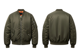 Green bomber jacket front and back views isolated on transparent background