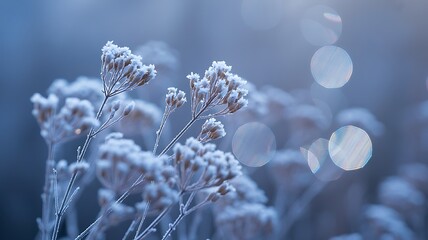Delicate frosted wildflowers in soft focus against a blurred blue backdrop capturing the beauty of a cold winter morning