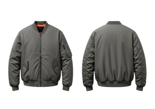 Front and back view of a grey bomber jacket isolated on transparent background