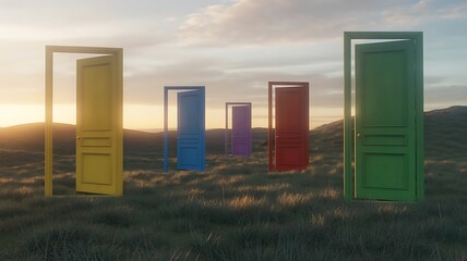 Diverse colorful doors standing open in a grassy landscape representing choices and opportunities under sunset
