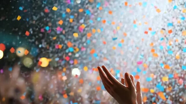 Lively fest with colorful lights and flying confetti, festive gatherings in vibrant scenes, joyful moments in crowd energy, celebration vibes with festive showers, event highlights