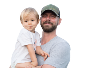 Portrait of a cute little blond son with a smiley young father together over transparent background. PNG transparent.