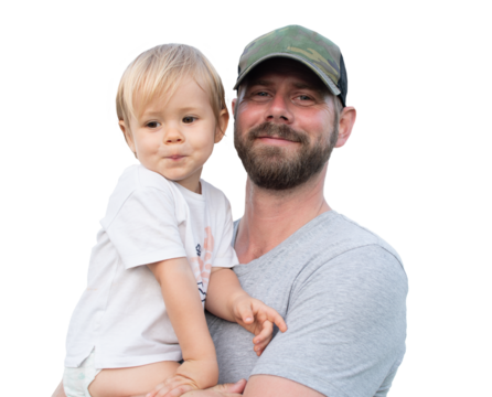 Portrait of a cute little blond son with a smiley young father together over transparent background. PNG transparent.