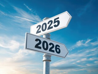 Directional signpost pointing to 2025 and 2026