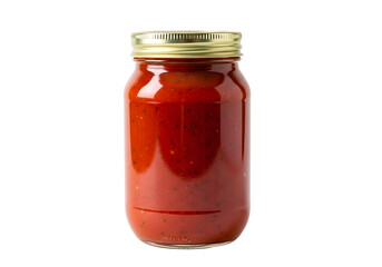 Glass jar filled with red tomato sauce isolated on transparent background