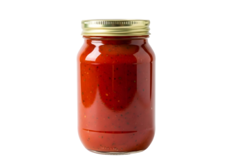 Glass jar filled with red tomato sauce isolated on transparent background
