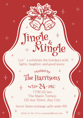 Christmas party invitation template with bells and stars in red theme. Vector illustration Christmas party invitation template