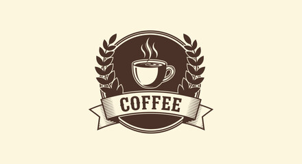 Vintage coffee shop logo with a steaming cup and laurel wreath emblem on a light background.